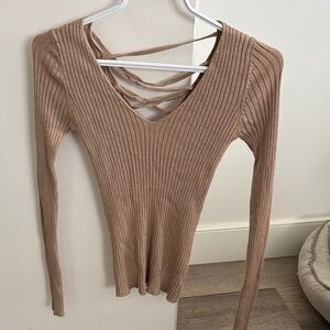 Crisscross Ribbed Long Sleeve Top - Tan